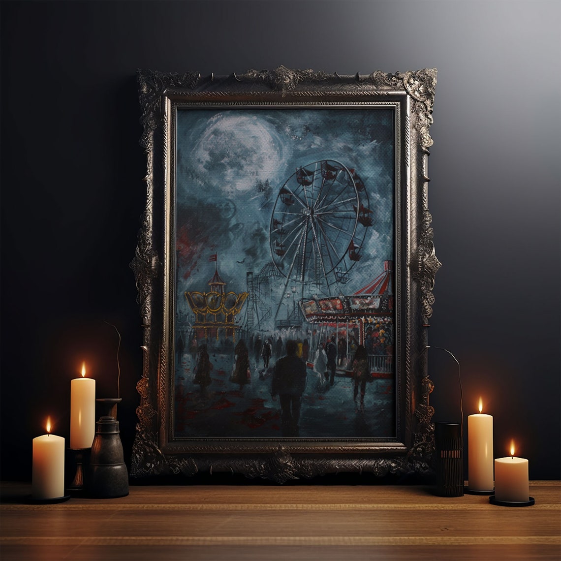 Eerie Haunted Carnival Full Moon Ferris Wheel Nightmare Scene Poster - Image 4