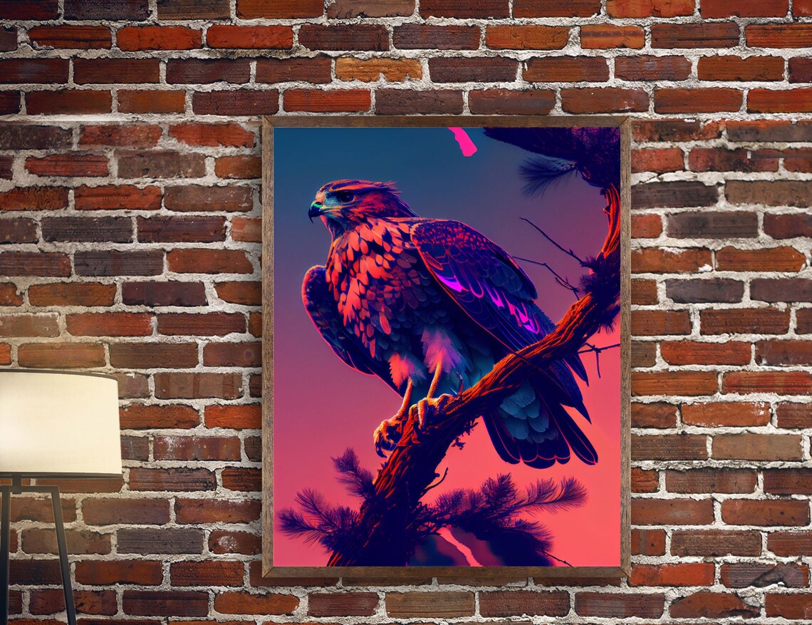 Hawk Perched on Branch, Purple Sunset Art Print
