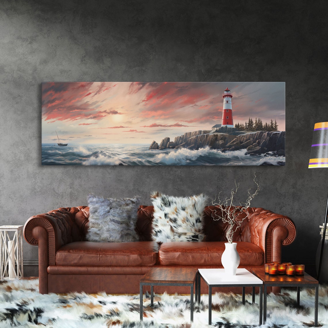 Red White Lighthouse Rocky Cliff Sunset Waves Ocean View Poster - Image 3