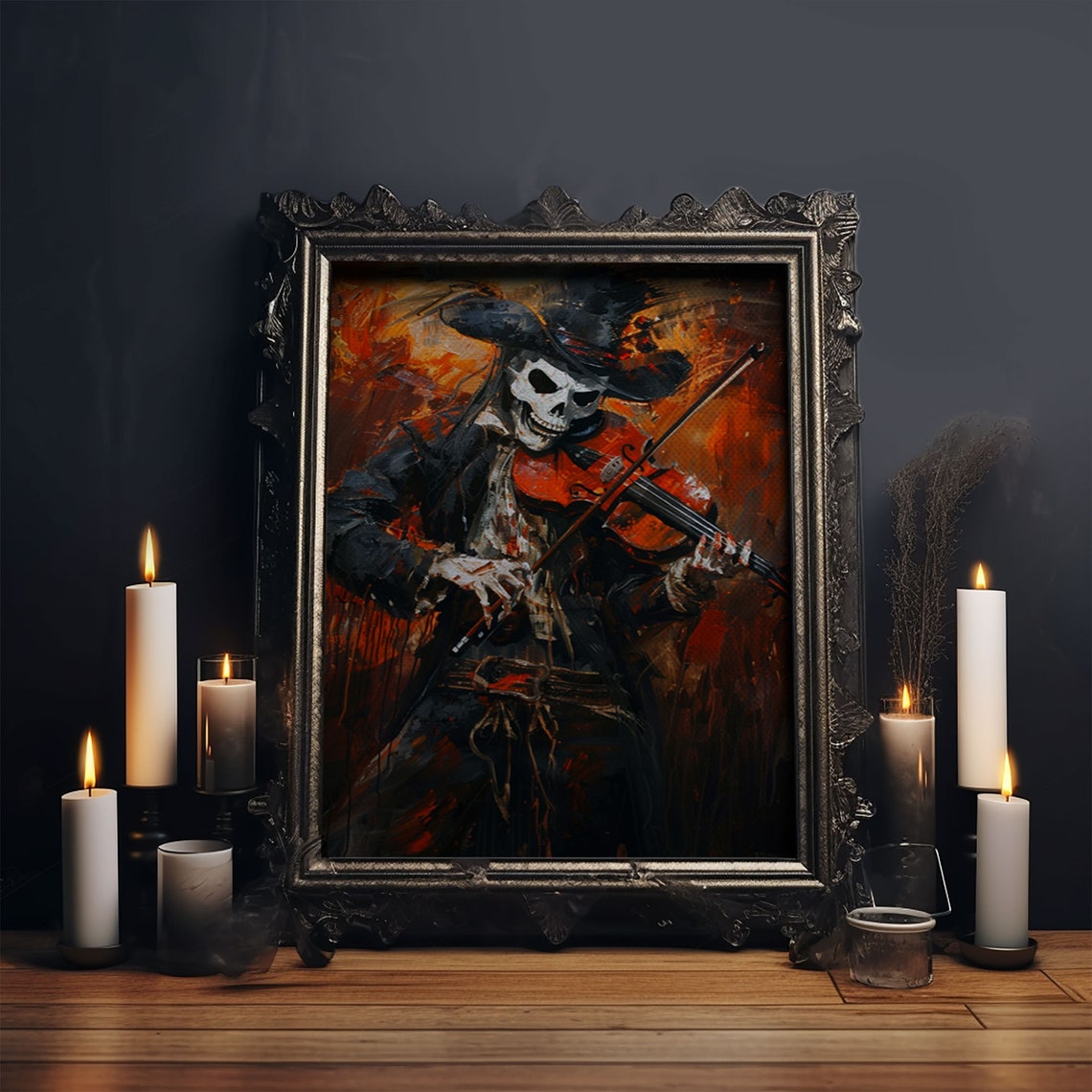 Skeleton Violinist In Top Hat Playing Against Fiery Night Poster - Image 6