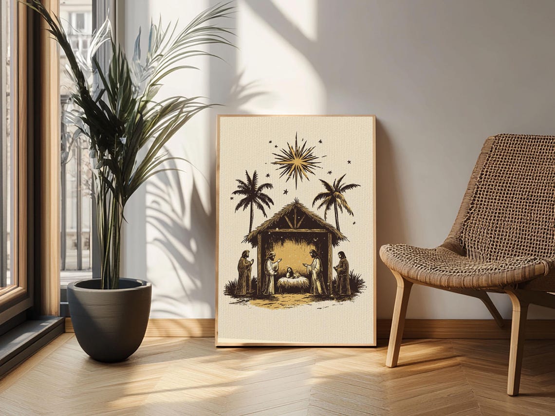Vintage Nativity Scene Silhouette With Star Christmas Art Poster - Image 3