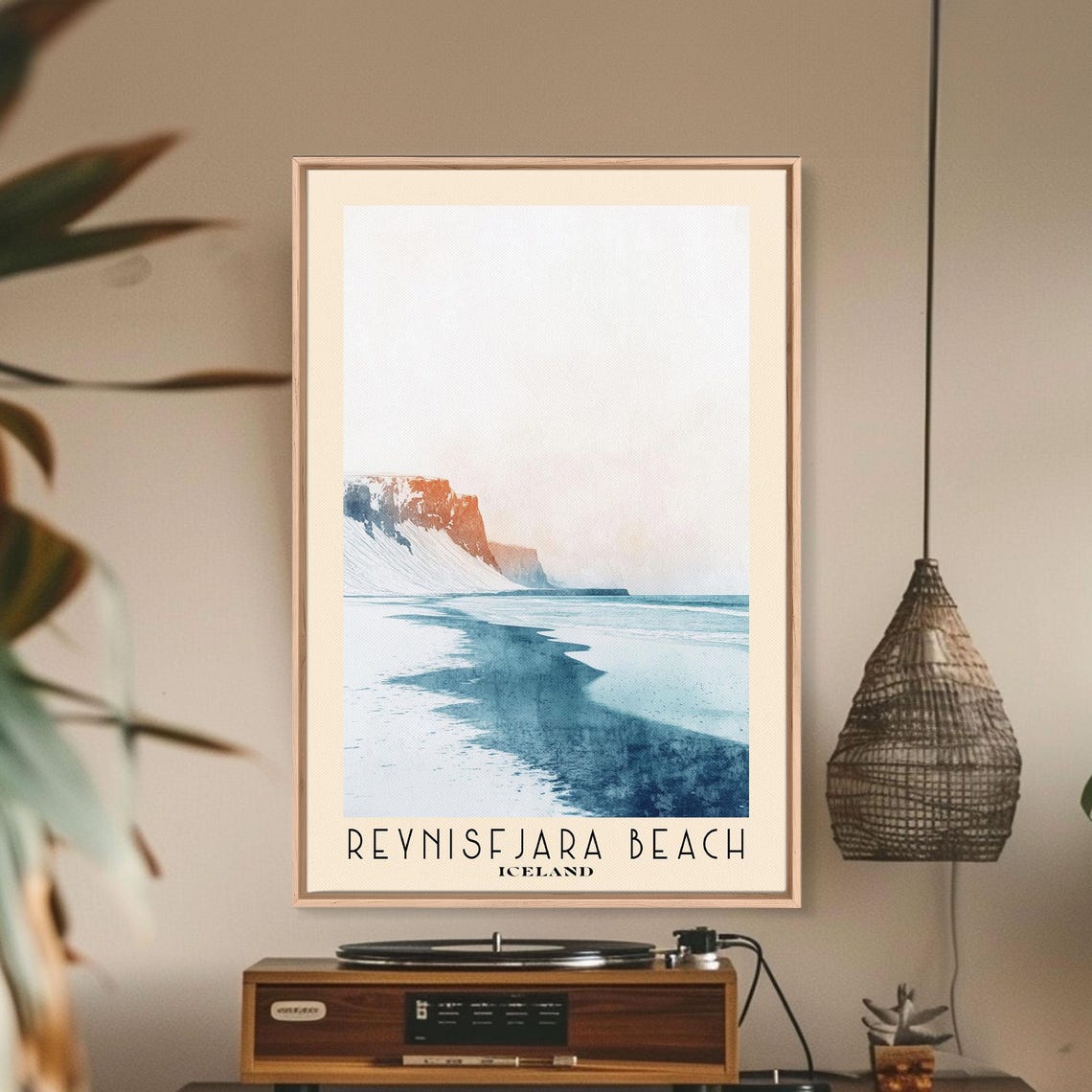 Reynisfjara Beach Iceland Misty Shoreline Monochrome Watercolor Poster - Image 3