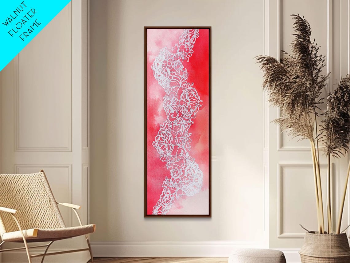Lace Embroidery Print Whimsical Art Decorative Cottagecore Wall Art Light Pink Wall Art Vertical Rustic Art Above Sofa Art - Image 4