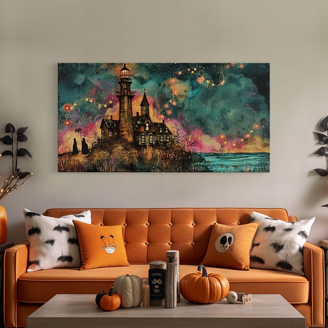 Haunted Lighthouse Seaside Cliff Colorful Starry Sky Midcentury Halloween Poster