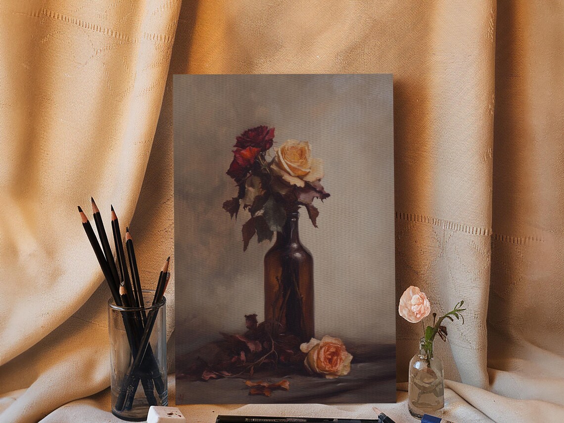 Roses In A Wine Bottle Oil Painting Print Still Life Of Roses Rose Painting Rose Art Moody Decor Subdued Art - Image 3