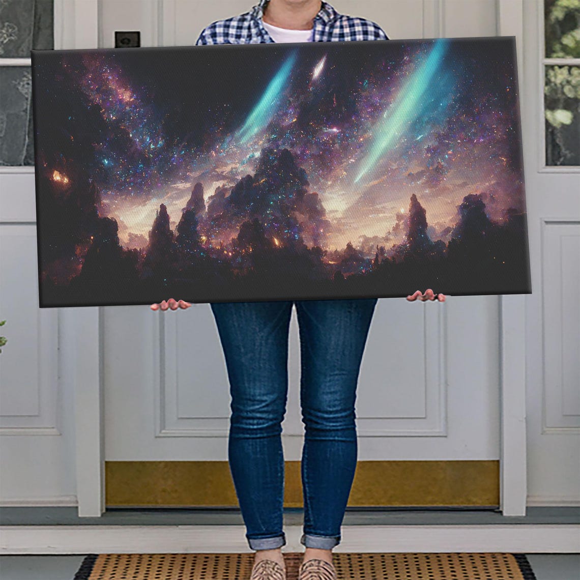 Aurora Beams Cosmic Night Sky Over Mountain Silhouettes Galaxy Poster - Image 4