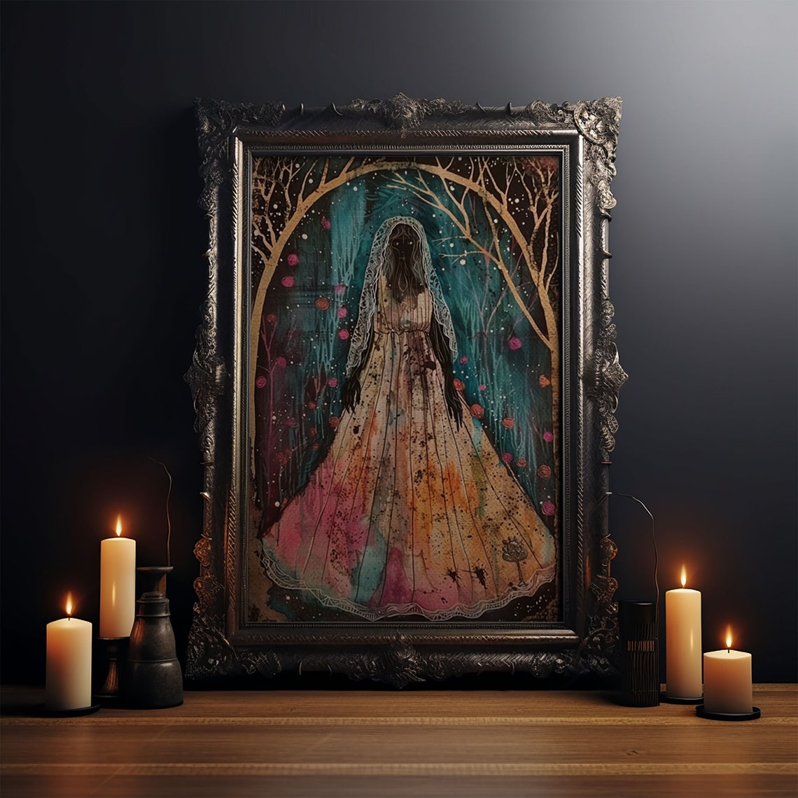 Veiled Ghost Lady Colorful Gown Dark Forest Halloween Art Poster - Image 3