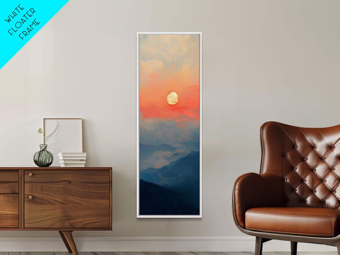 Sunset Over Layered Mountains Coral Sun Misty Peaks Wall Art - Image 3