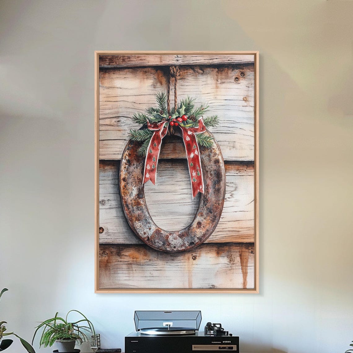 Christmas Horseshoe Rustic Wood Pine Bow Holiday Watercolor Wall Art - Image 5