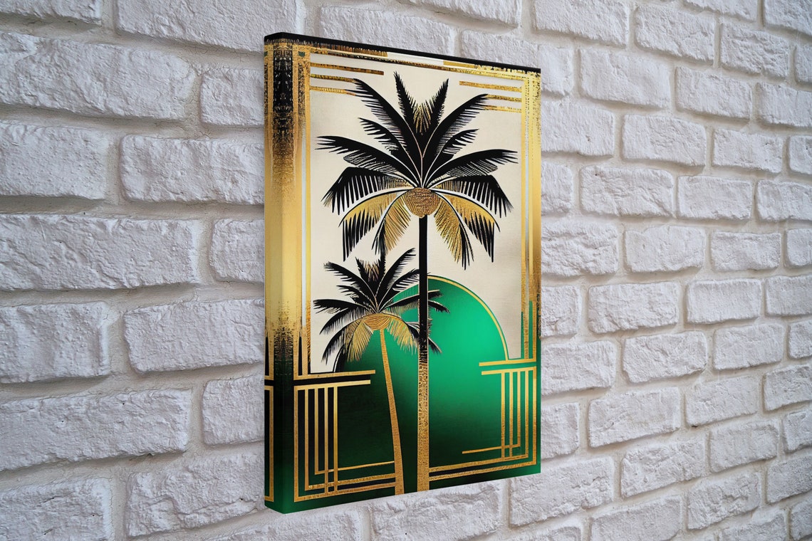 Boho Modern Frank Lloyd Wright Inspired Art Deco Print Emerald Green And Gold Palm Tree Wall Decor Wall Art Original Mcm Art - Image 4