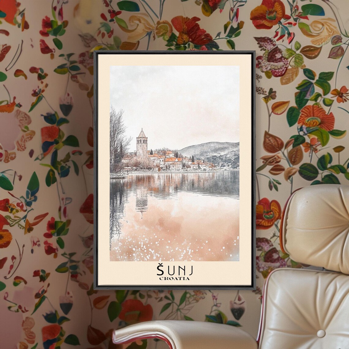 Sunj Croatia Old Town Church Tower Lake Reflection Watercolor Poster