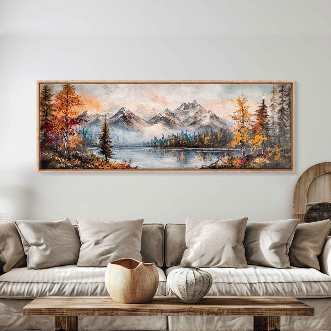 Autumn Mountain Lake With Snowy Peaks And Golden Pines Oil Poster - Image 4