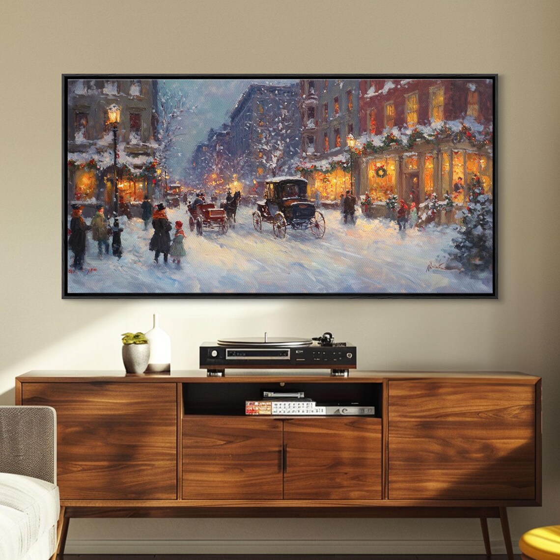 Victorian Christmas Market Winter Street Scene Art Print - Image 3