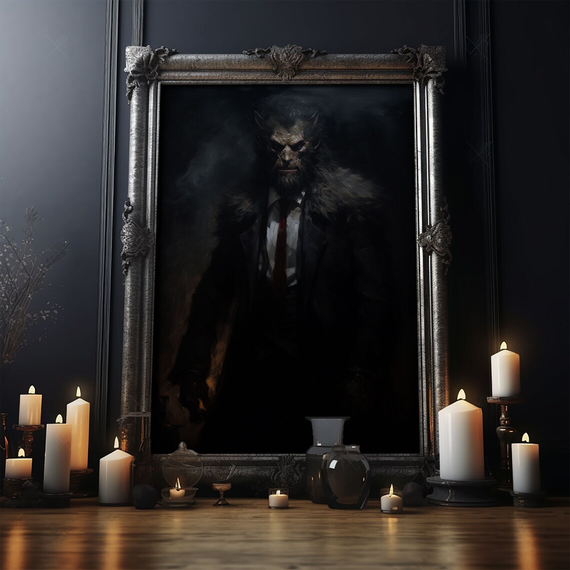 Dark Werewolf Businessman Portrait Suit Shadowy Gothic Horror Art Print - Image 3