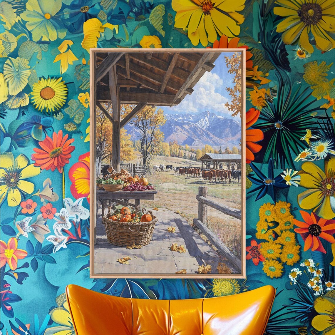 Autumn Farmhouse Porch Harvest With Pumpkins Cattle And Mountain View Poster - Image 5
