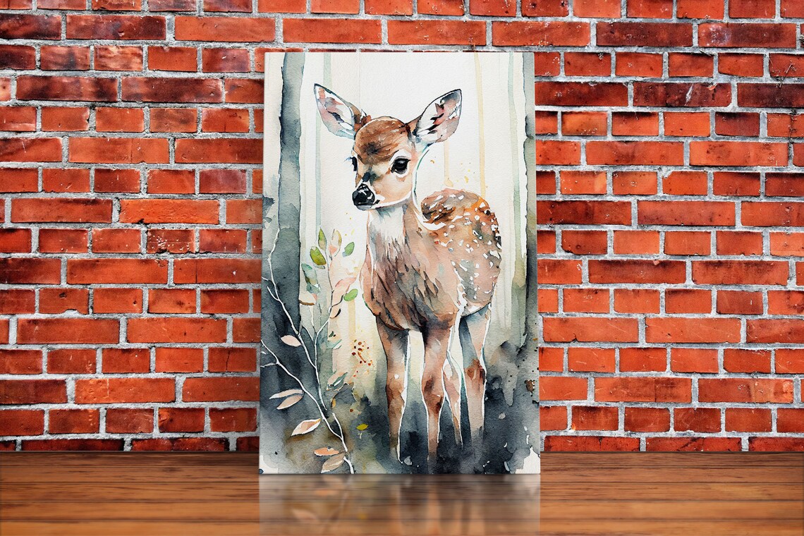 Deer Fawn Watercolor Portrait Misty Forest Birch Trees Animal Print Poster - Image 6