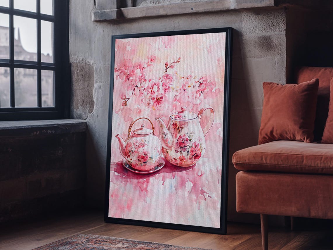 Floral Teapots Cherry Blossom Pink Watercolor Kitchen Art Print