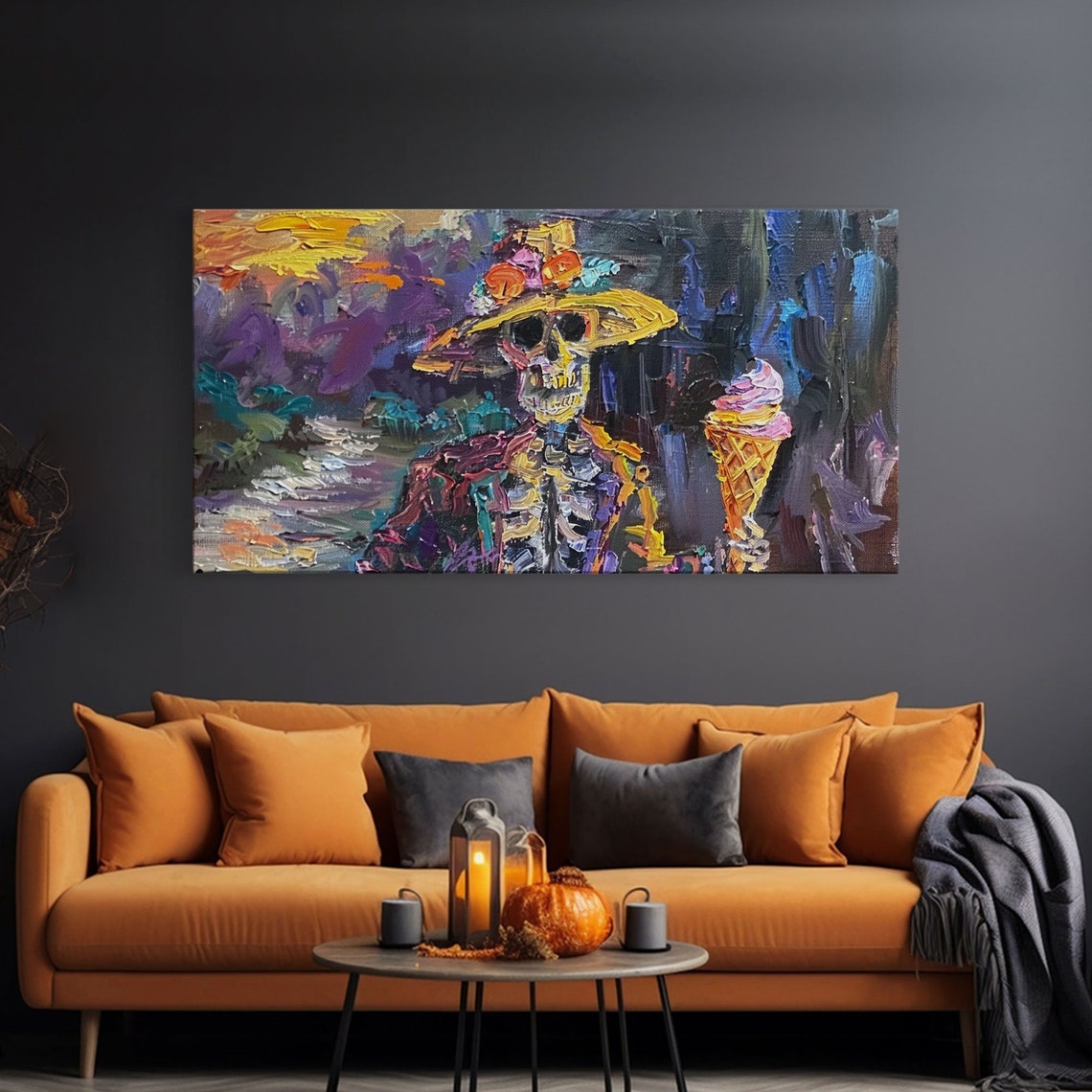 Skeleton In Flower Hat Holding Ice Cream Colorful Whimsy Art Poster - Image 3