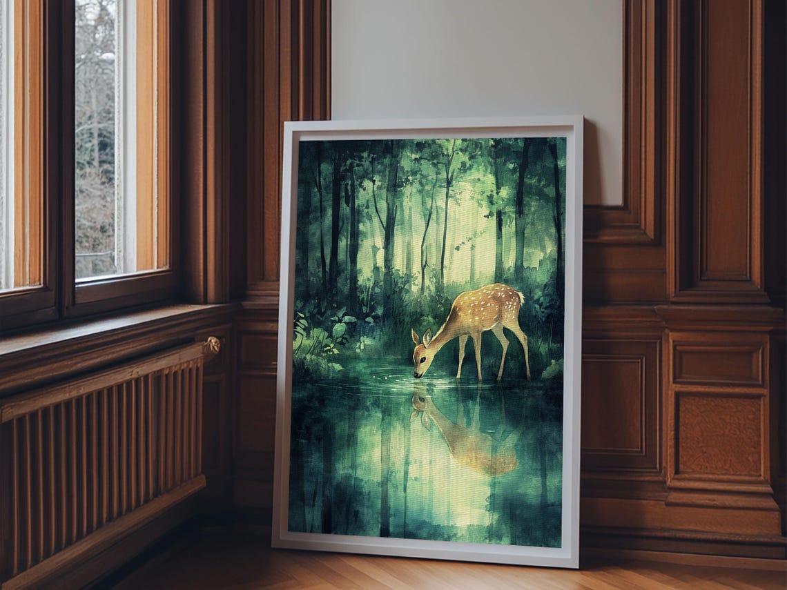 Young Deer Drinking Water Forest Reflection Watercolor Wildlife Poster - Image 4