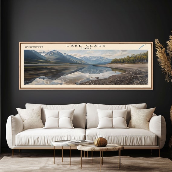 Lake Clark Framed Print Lake House Decor Panoramic Wall Art Travel Poster Scenic Lake Painting Nature Art