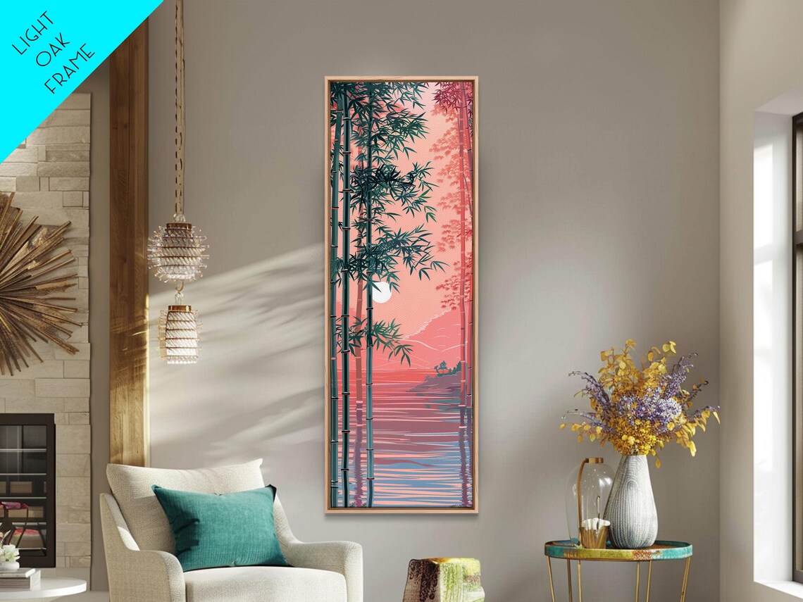 Bamboo Forest Soft Pink Light Japanese Art Skinny Art Tall Art Framed Print Ukiyo E Style - Image 3