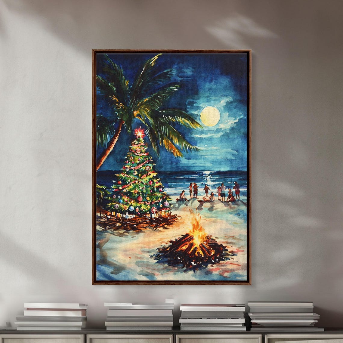 Tropical Beach Christmas Tree Bonfire At Night Ocean Waves Poster - Image 2
