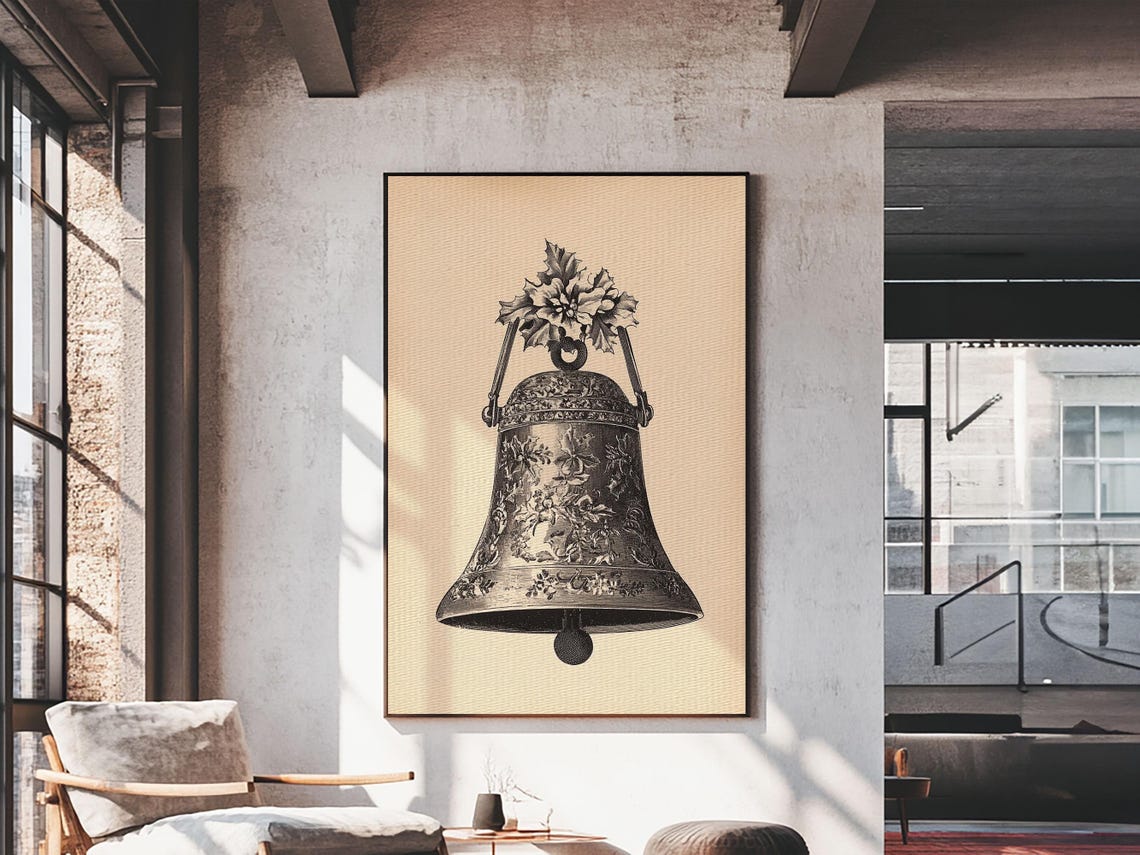 Vintage Christmas Bell Holly Etching Antique Sepia Holiday Art Poster - Image 5