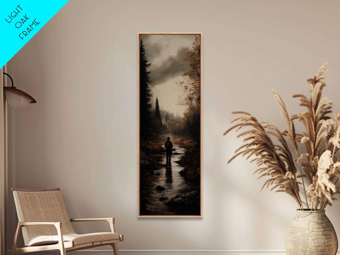 Lone Fly Fisherman In Misty Dark River Moody Nature Scene Poster
