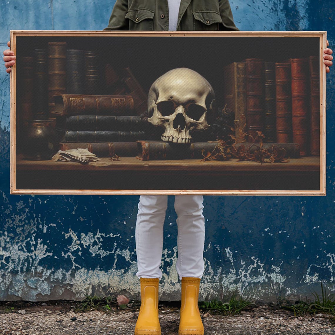 Human Skull On Bookshelf Among Old Books Dark Academia Poster - Image 6