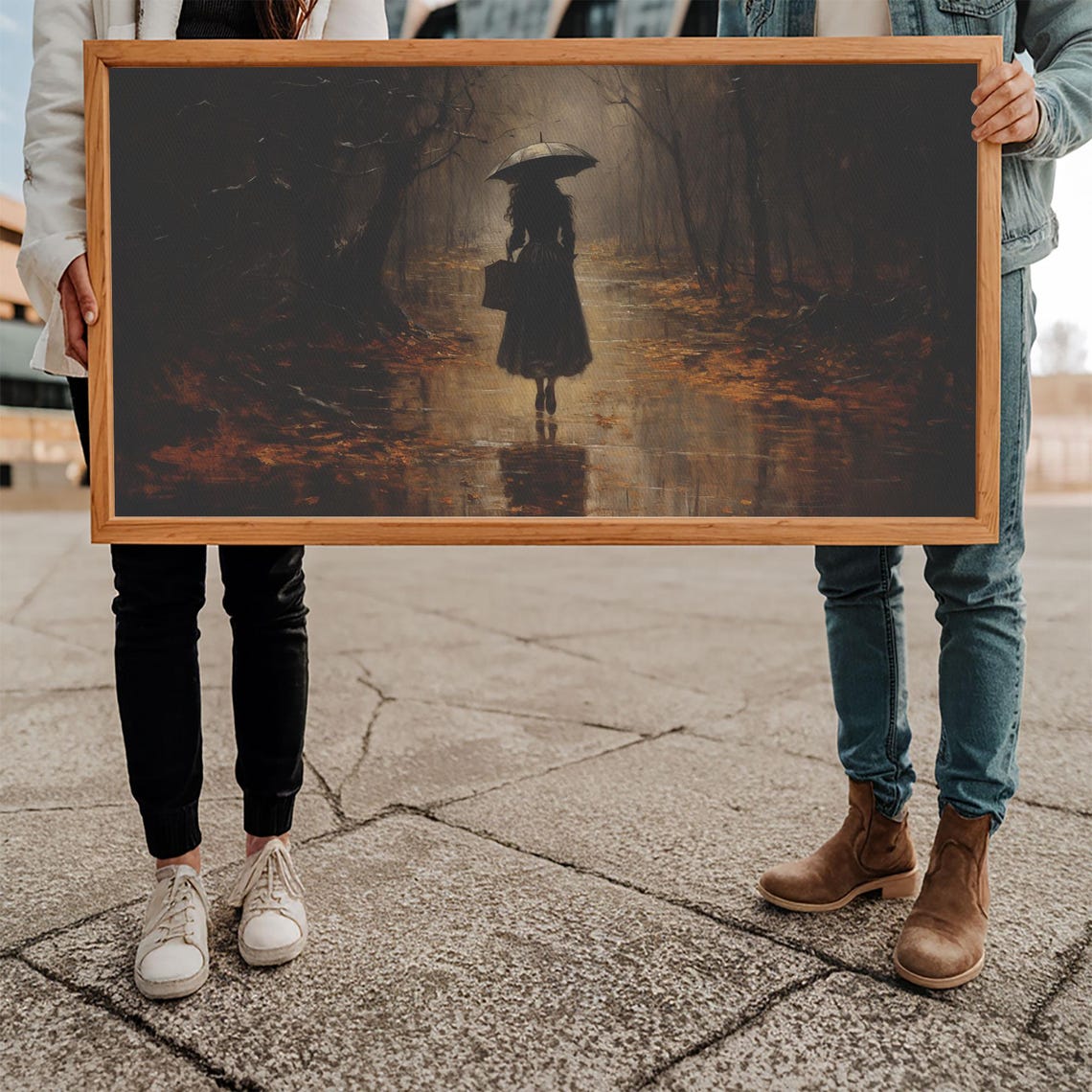 Witch Walking in Rain Autumn Forest Umbrella Dark Oil Painting Poster - Image 5