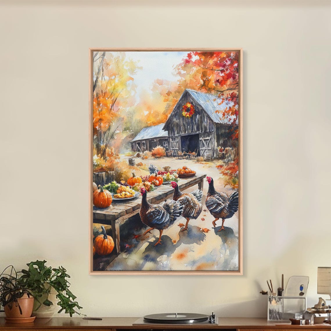Fall Barn Harvest Table Turkeys Pumpkin Autumn Watercolor Wall Art - Image 2