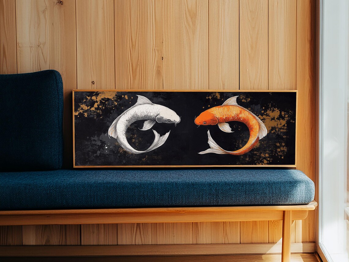 Koi Fish Infinite Sign Framed Print Ready To Hang Wabi Sabi Home Decor Panoramic Extra Wide Art 20 X 60 Wall Art - Image 3