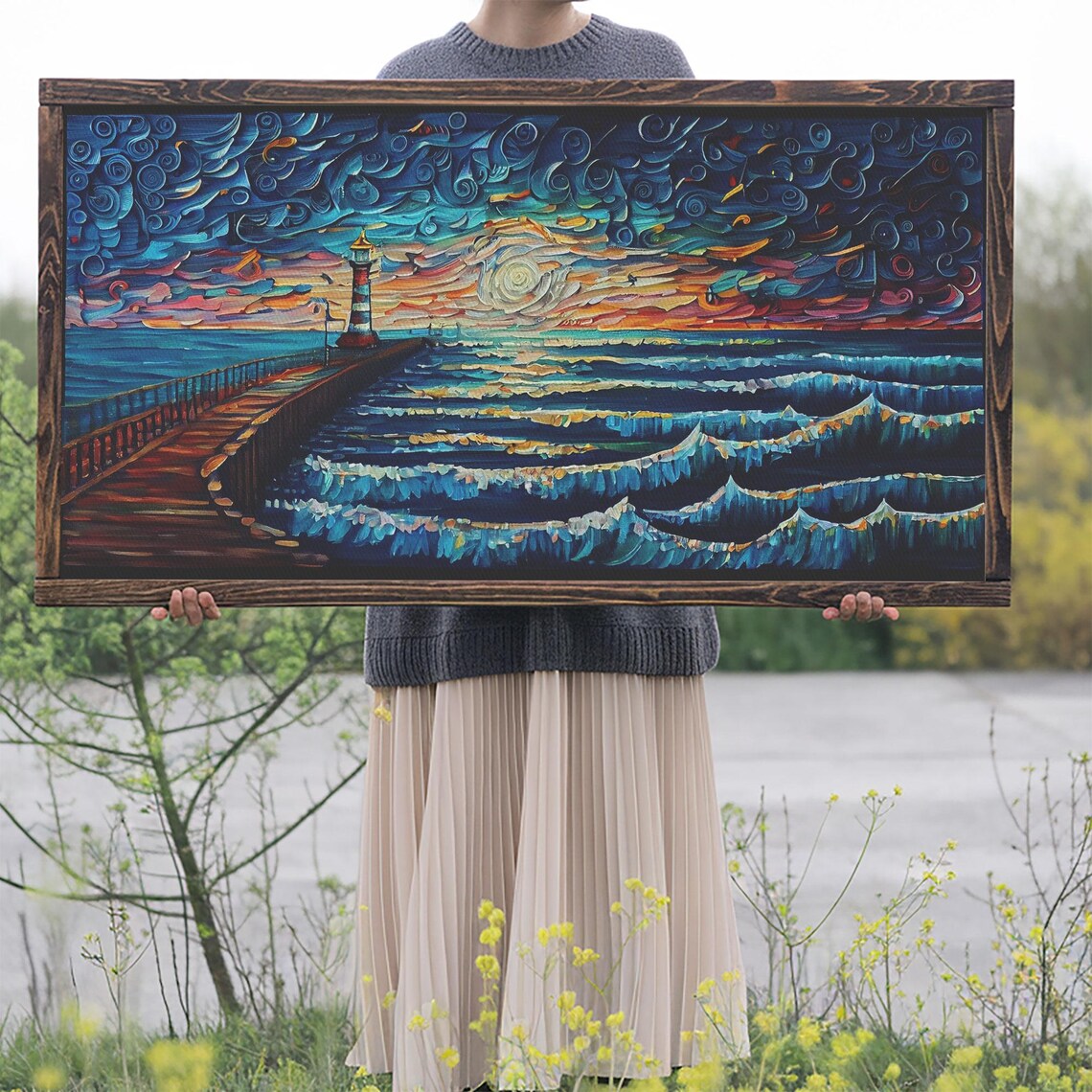 Starry Night Lighthouse Pier Crashing Waves Impasto Ocean Painting Poster - Image 2