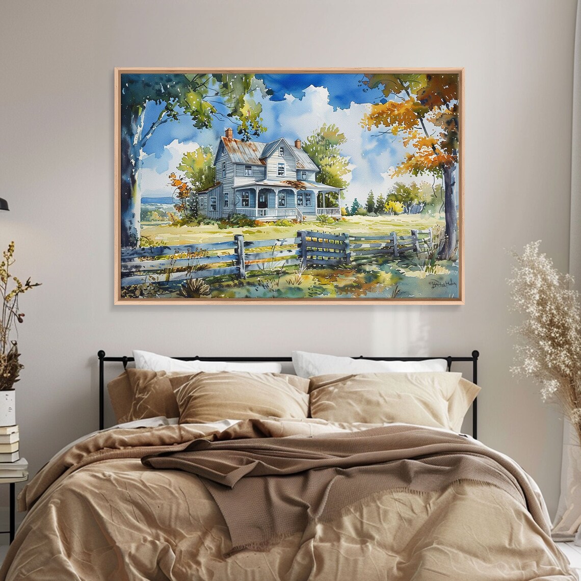 White Farmhouse Porch Watercolor Autumn Trees Wooden Fence Retro Print - Image 3