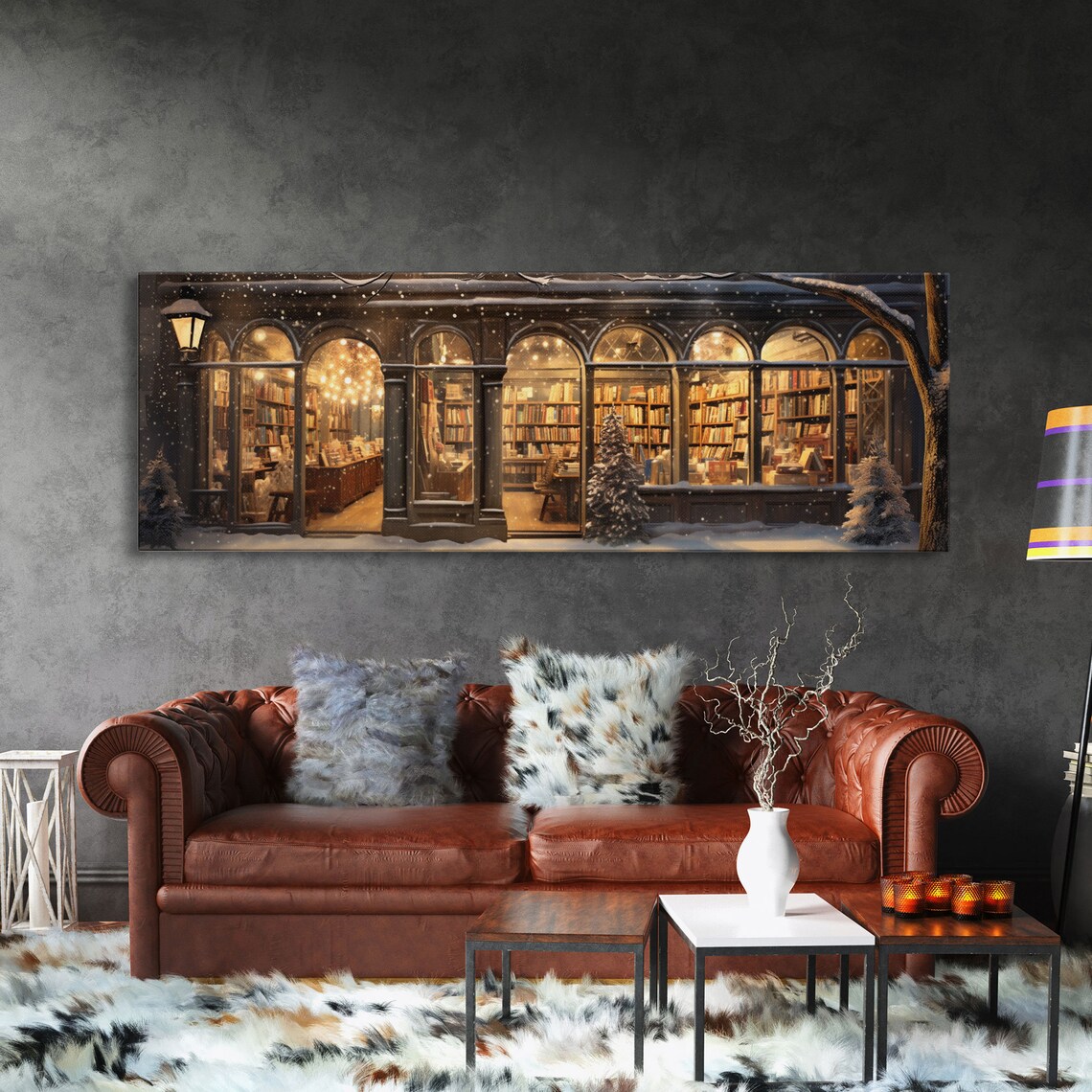Victorian Library in Winter, Christmas Art Print - Image 3