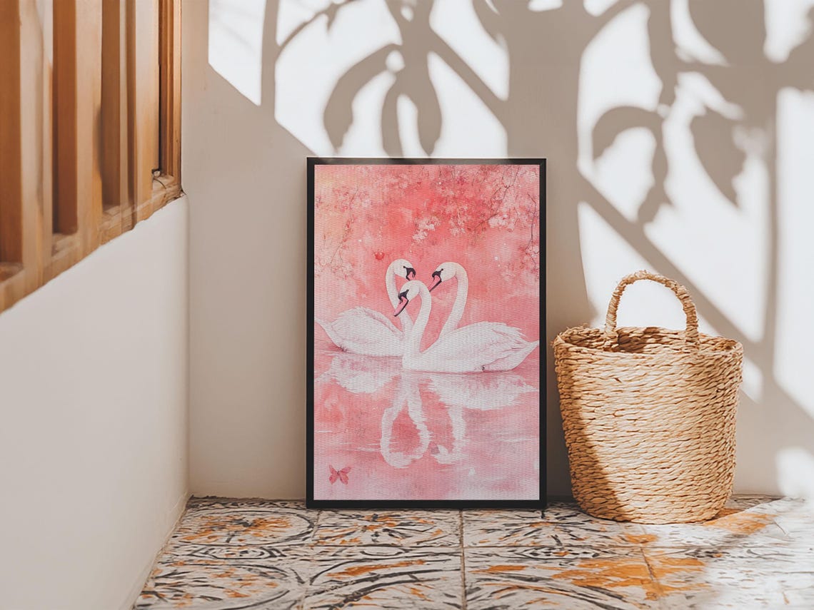 Three White Swans Cherry Blossom Pink Watercolor Romantic Art Print - Image 5