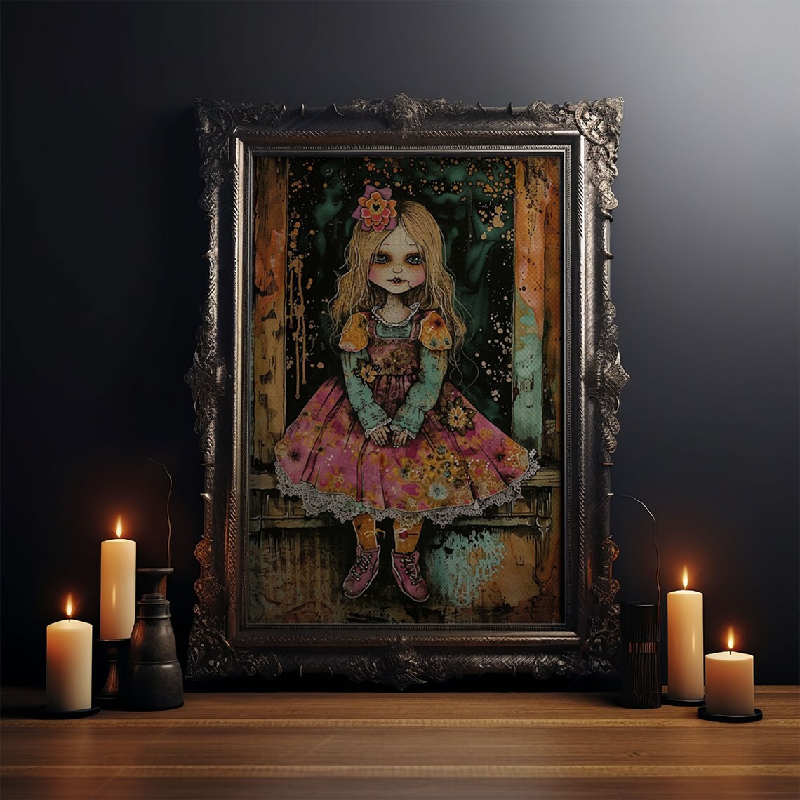 Creepy Doll Girl Pink Floral Dress Vintage Spooky Doll Art Poster - Image 3