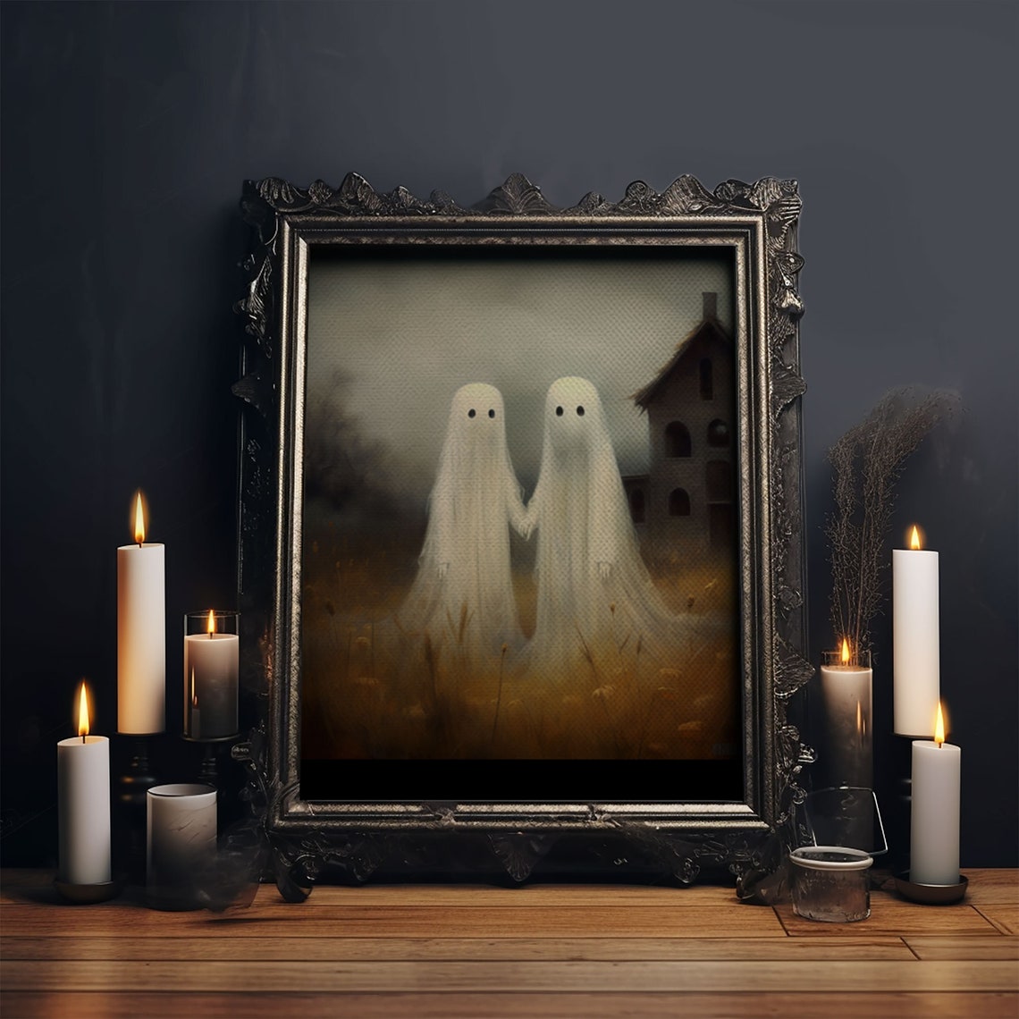 Two Cute Ghosts Holding Hands In Golden Field By Haunted Barn Poster - Image 4