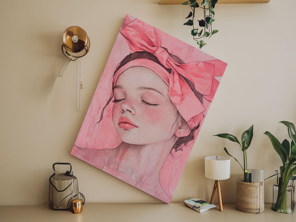 Pink Bow Girl Portrait Watercolor Dreamy Feminine Blush Wall Poster - Image 6
