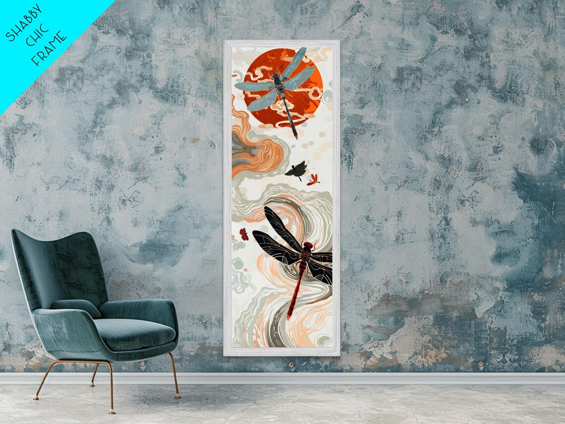 Dragonflies Bold Red Sun Flowing Clouds Japanese Style Tall Vertical Wall Art Poster - Image 5