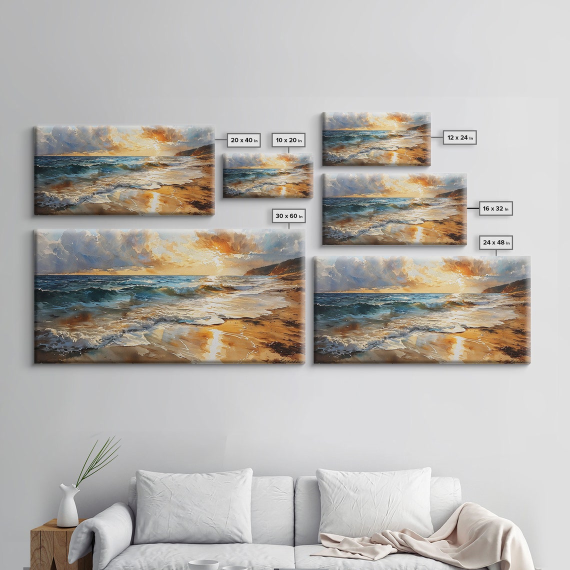 Golden Sunset Beach Waves Ocean Shoreline Watercolor Seaside Poster - Image 2