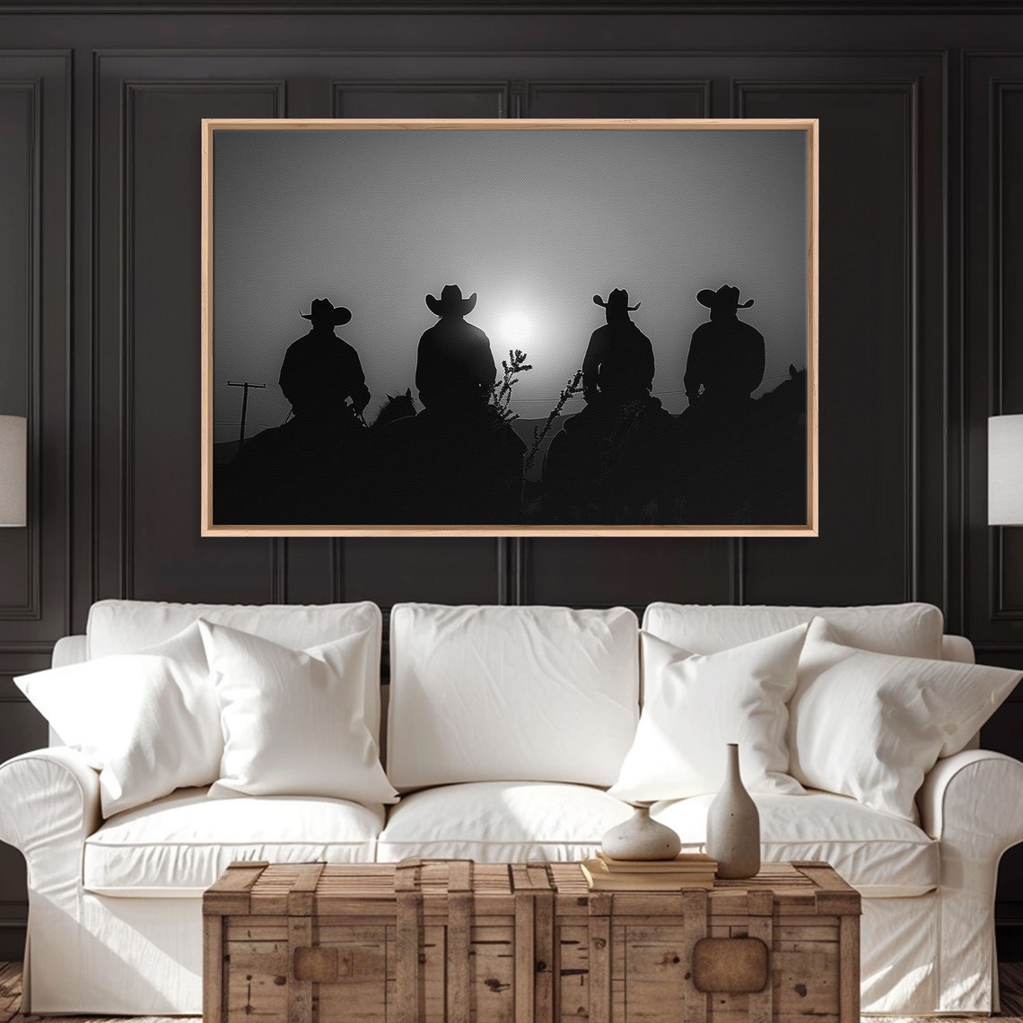Four Cowboys Silhouette Sunset Riders Black White Western Poster