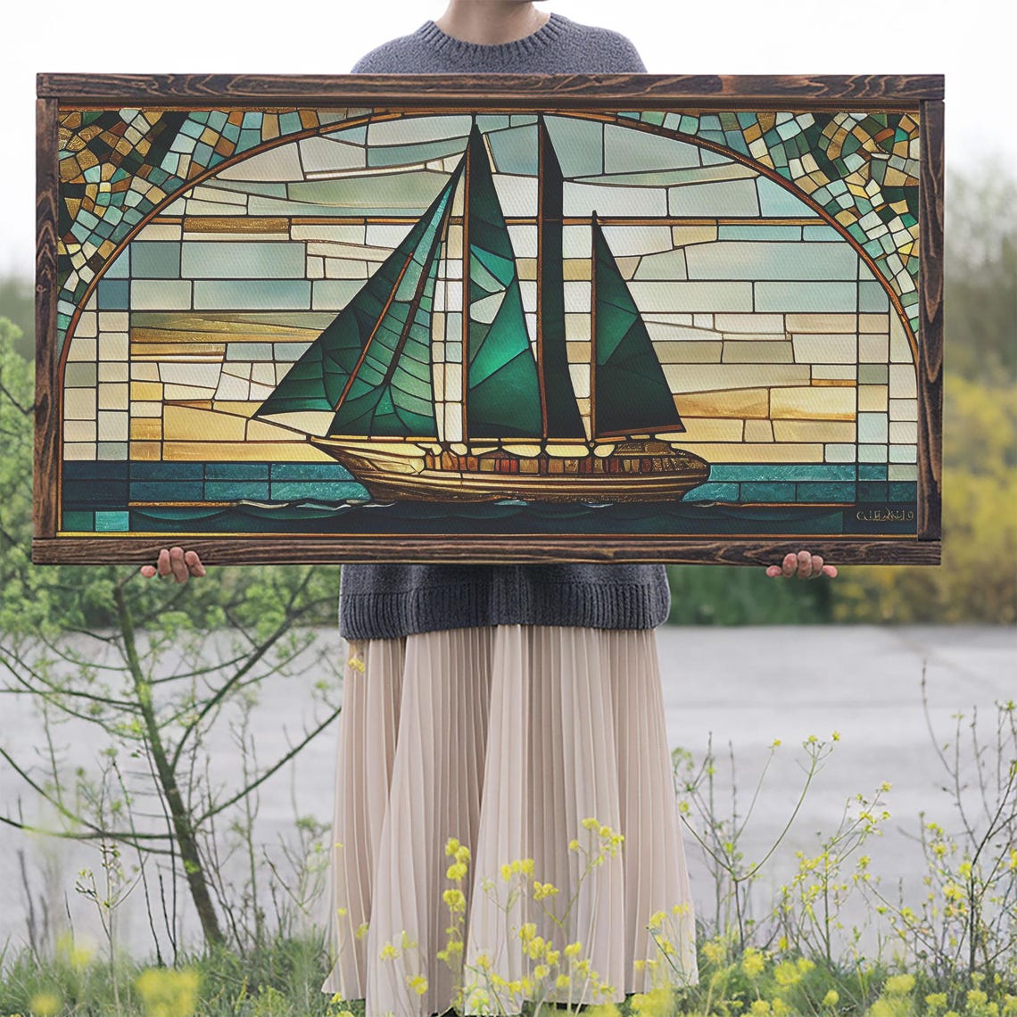 Emerald Sailboat Stained Glass Art Deco Nautical Mosaic Ocean Poster - Image 2