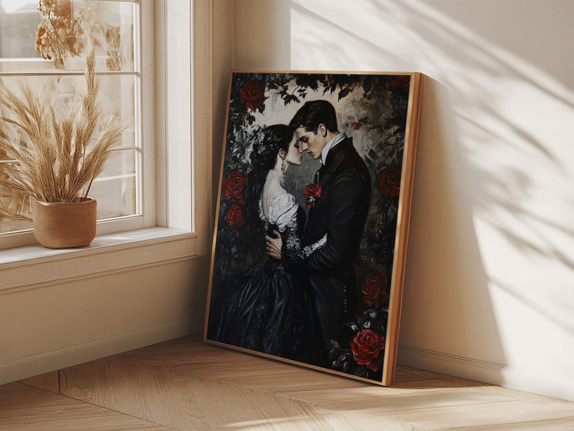 Gothic Romantic Couple Embrace Among Red Roses Dark Wall Art Print - Image 2