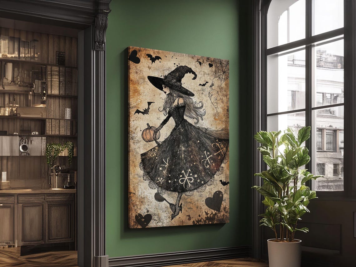 Elegant Vintage Witch With Pumpkin Bats Sepia Halloween Art Print - Image 5