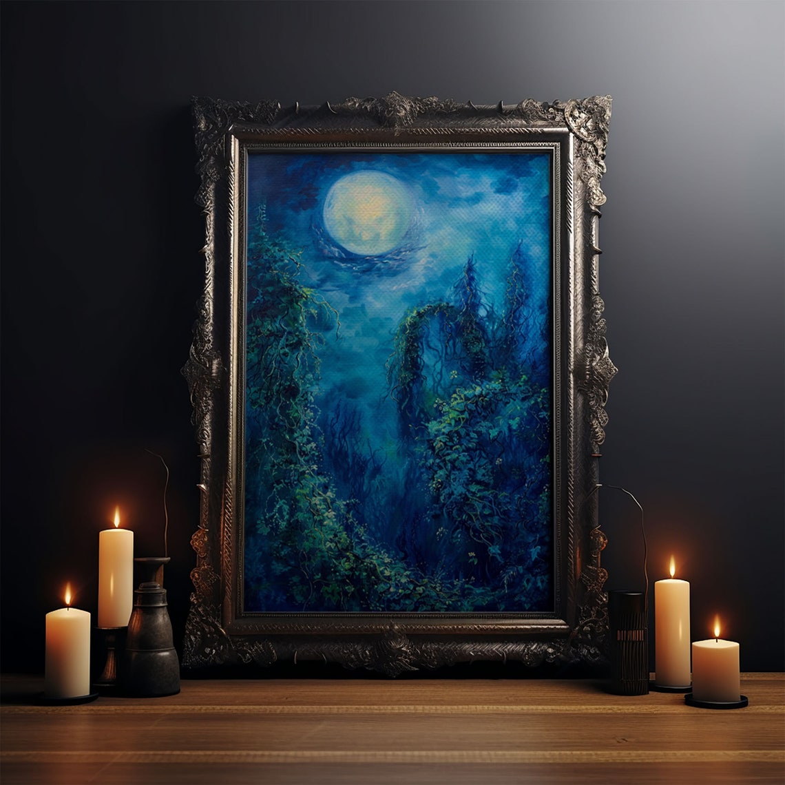 Moonlit Forest Path Blue Night Full Moon Romantic Art Poster - Image 4