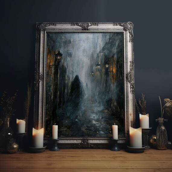 Hooded Figure In Misty Victorian Alley Spooky Foggy Night Art Poster