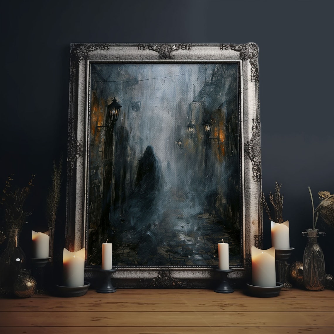 Hooded Figure In Misty Victorian Alley Spooky Foggy Night Art Poster