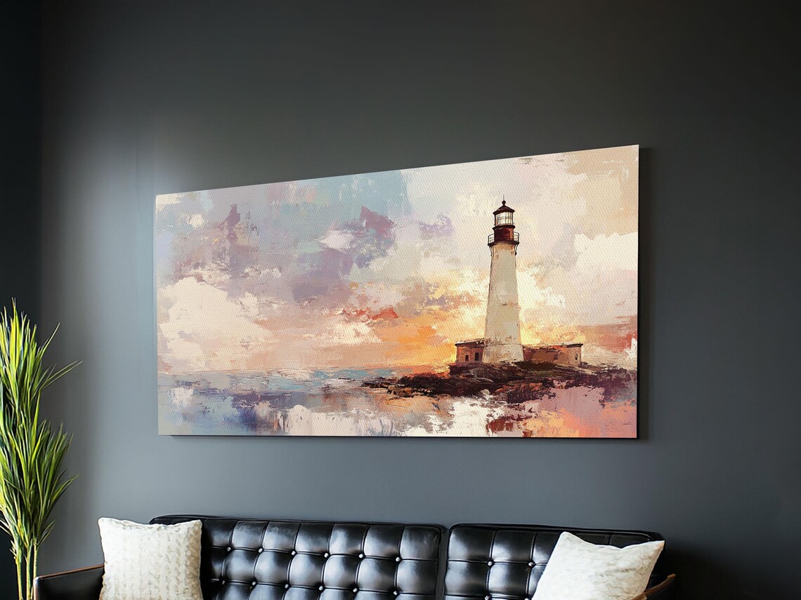 Lighthouse at Sunset Oil Painting Tall White Tower Rocky Shore Art Print - Image 4