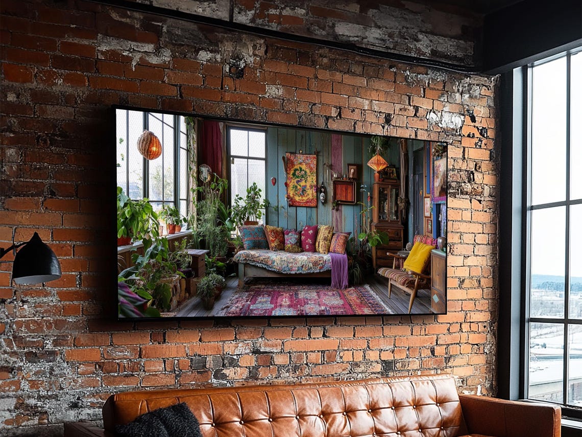 Boho Living Room Interior Daybed Plants Rustic Cottage Cozy Art Print - Image 2